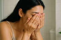 a close up of a woman with black hair washing her face. Make sure the hands are covering the face.