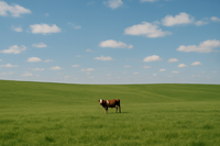 center a solitary cow from a distance on a grass field with blue skies